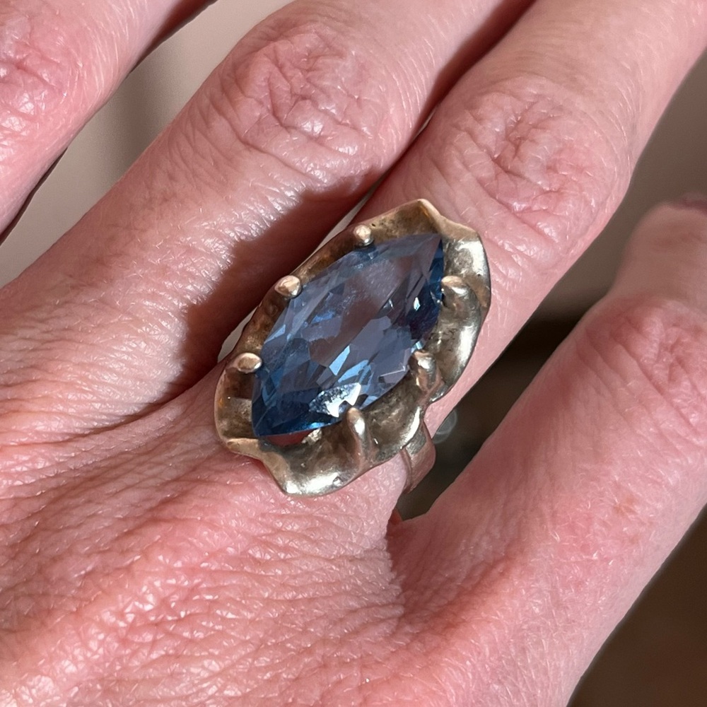 Antique art Deco Oversized Marquee Blue Topaz Brutalist Sterling Silver Ring - Picture 15 of 17